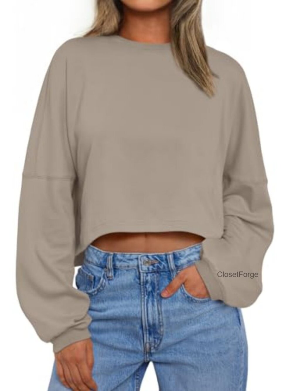 Womens Cropped Crewneck Long Sleeve Cotton Blend Pullover Sweatshirt